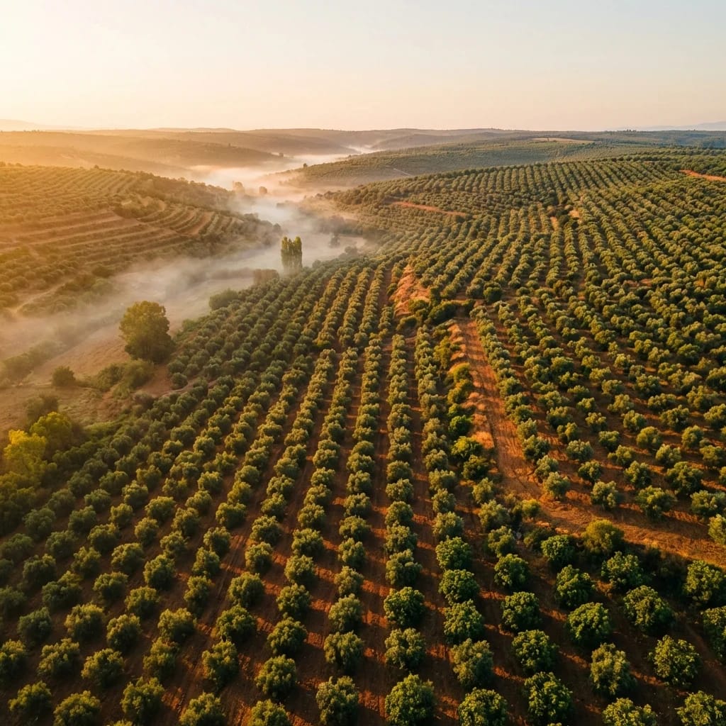 Aerial view of Turkish orchard supplying freeze-dried fruit